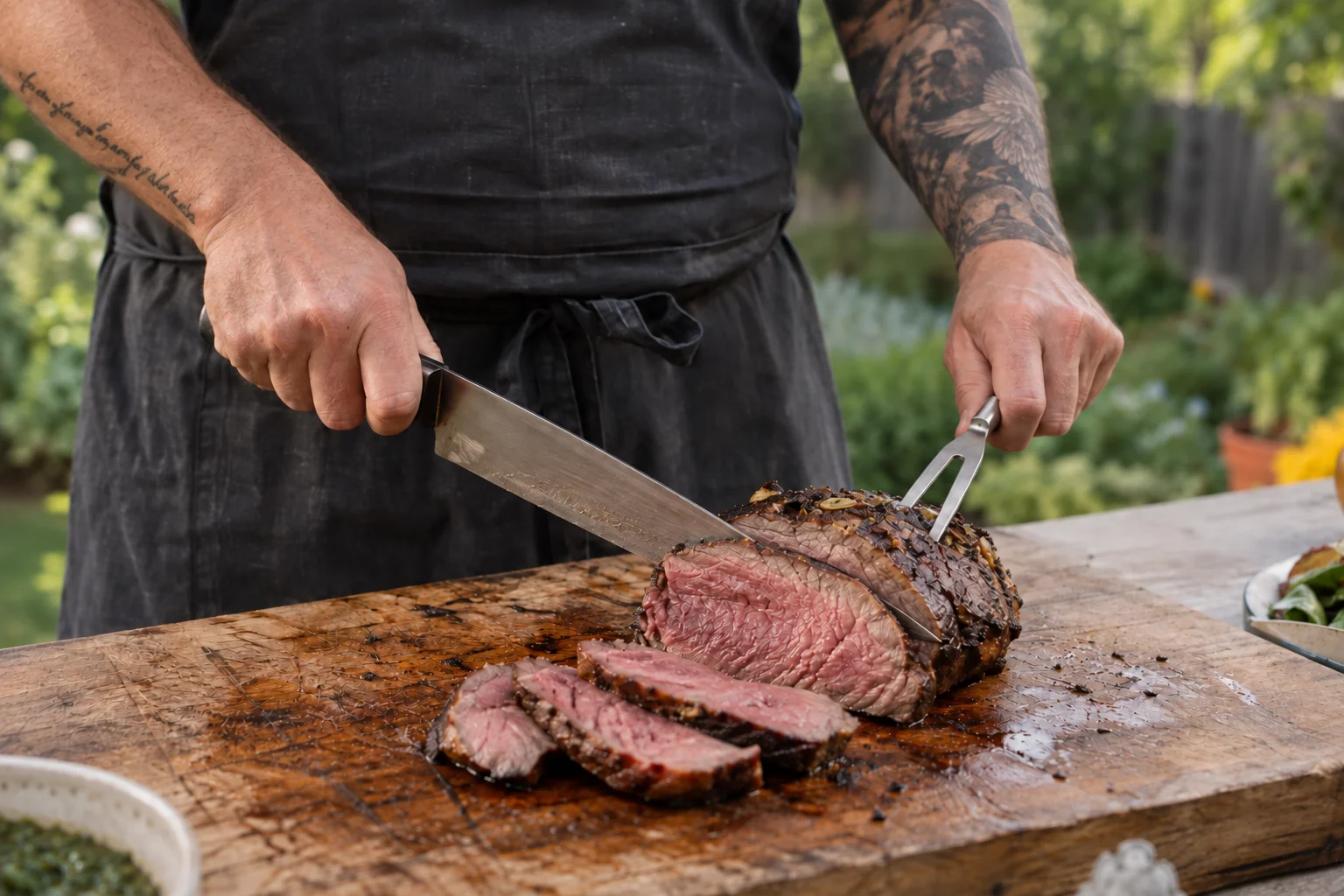 Chef carving grilled beef on a wooden board at an outdoor asado