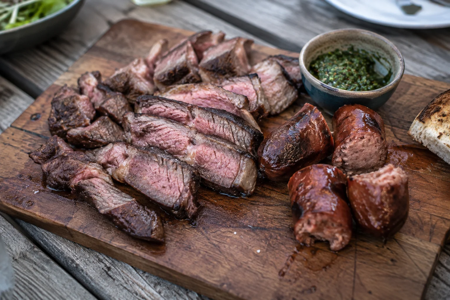 Sliced grilled beef and chorizo served on a wooden board with chimichurri