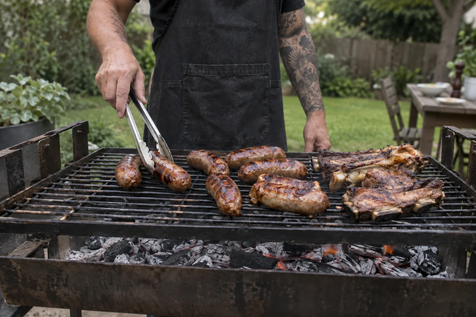 Parrillero grilling chorizo sausages on an Argentine asado at a Melbourne catering event