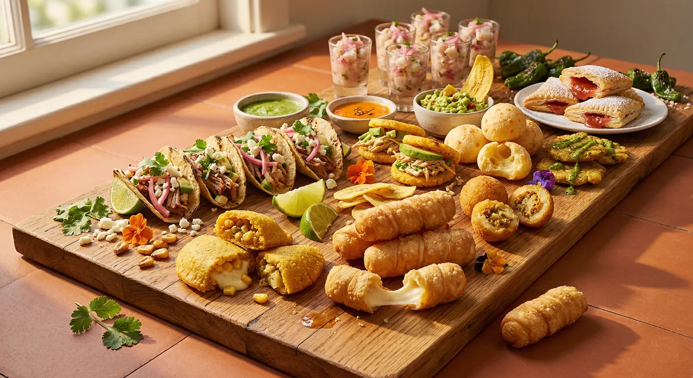 Latin American finger food spread with Colombian fried empanadas, tequenos with cheese pull, mini tacos, and pastelitos de guayaba on a rustic timber board