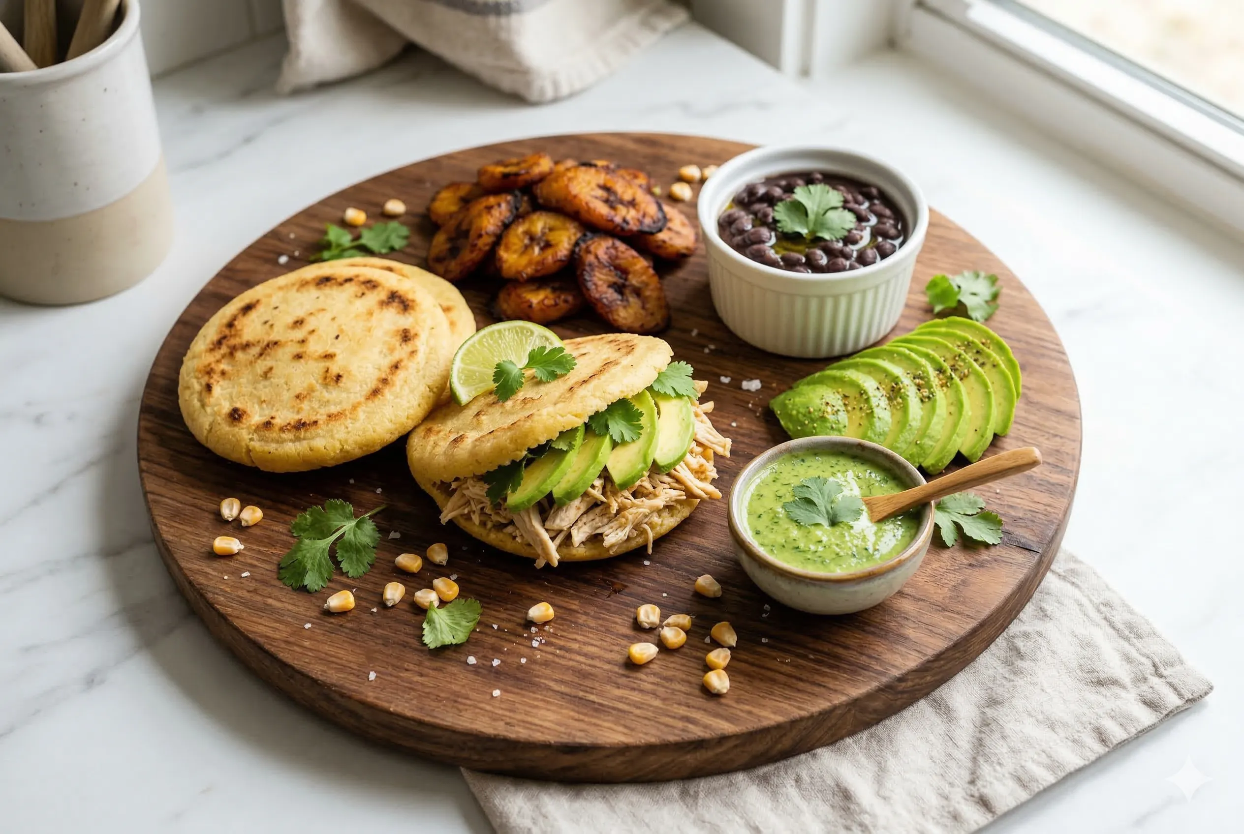 Gluten-free arepas with chicken and avocado on a wooden cutting board