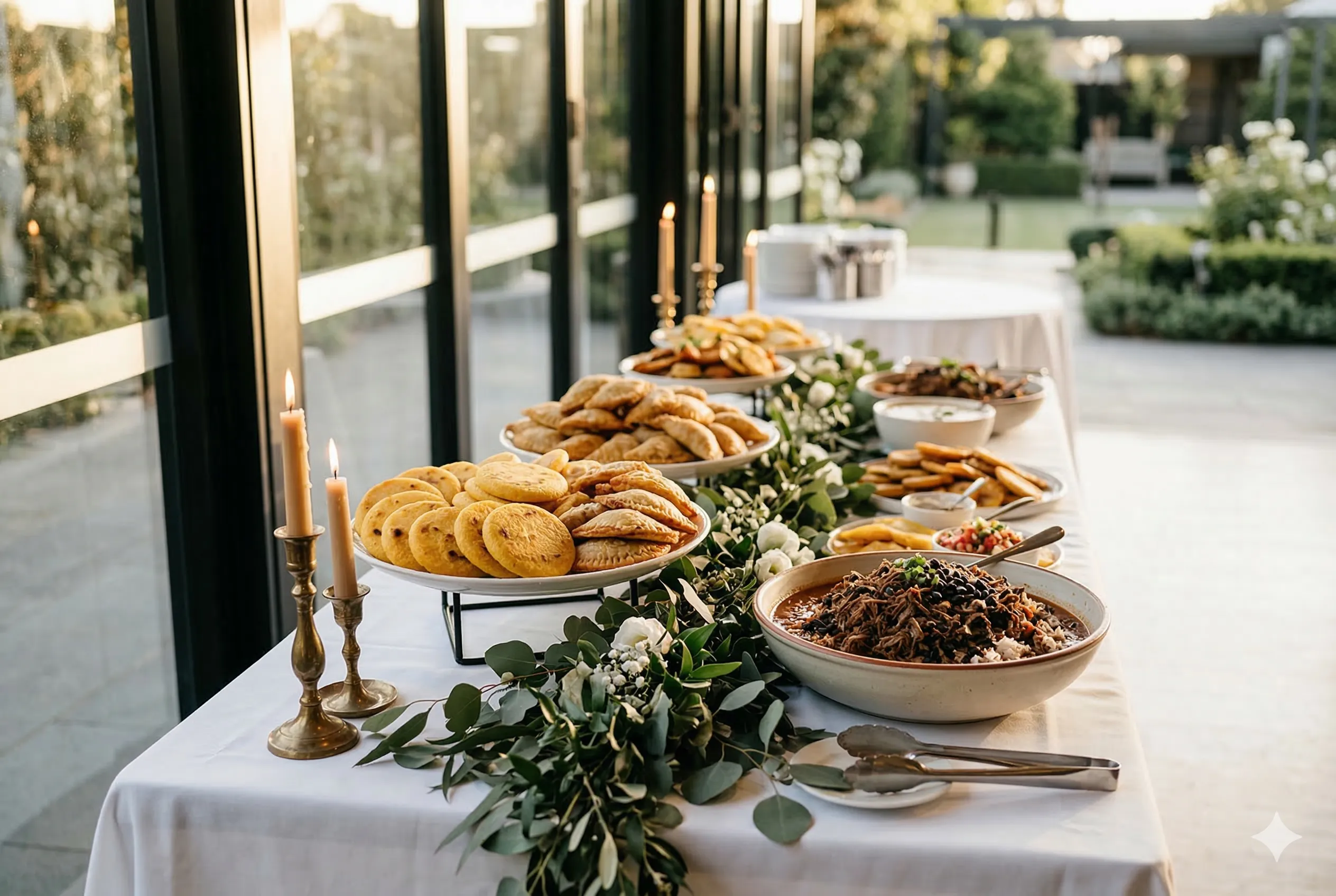 Latin American wedding catering spread with arepas and empanadas at a Melbourne reception