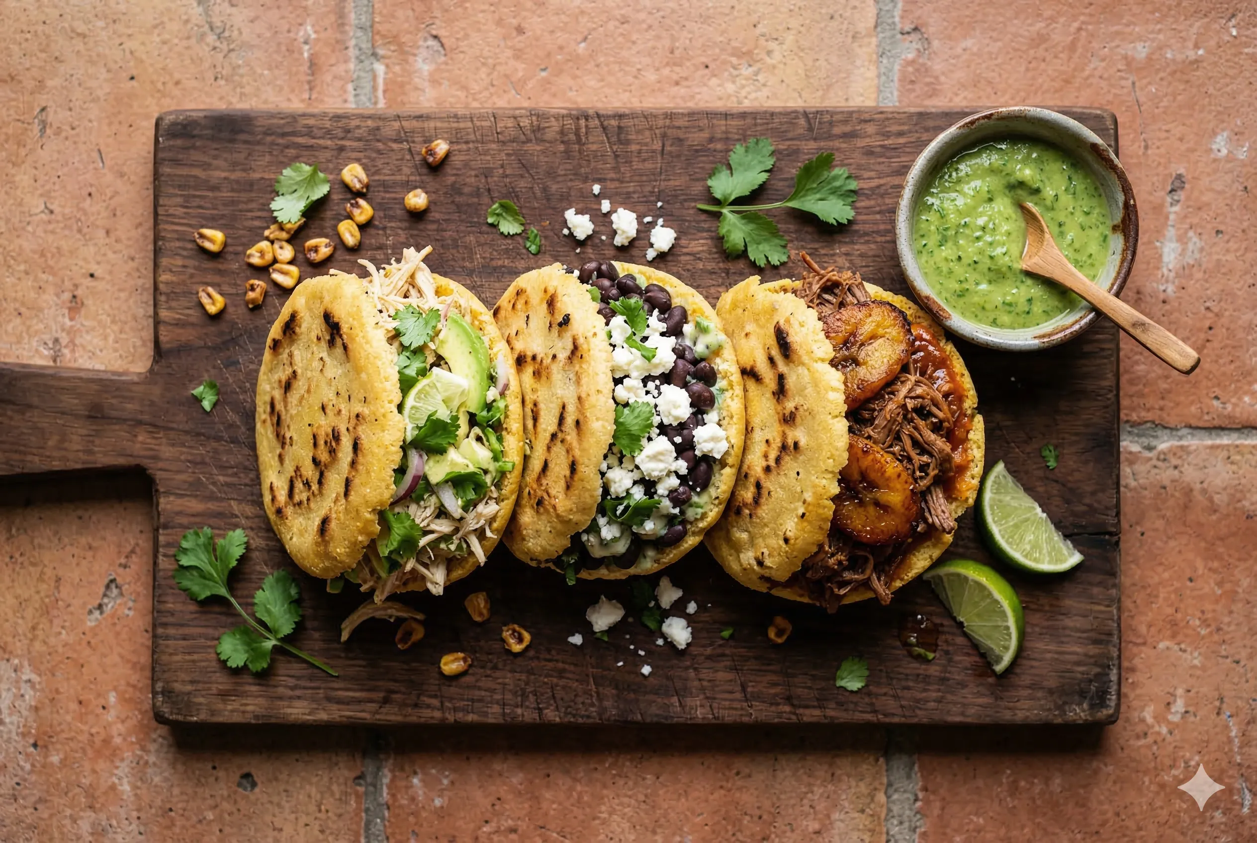 Golden arepas stuffed with chicken and avocado on a wooden board