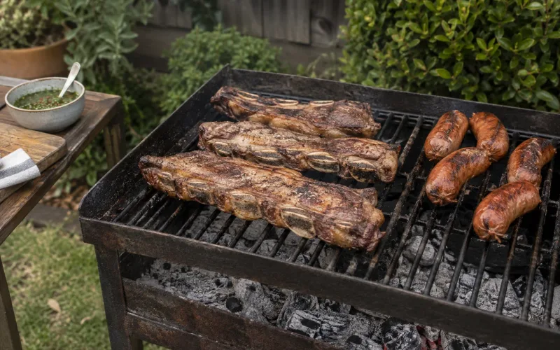 Beef short ribs and chorizo cooking over charcoal on a traditional Argentine parrilla