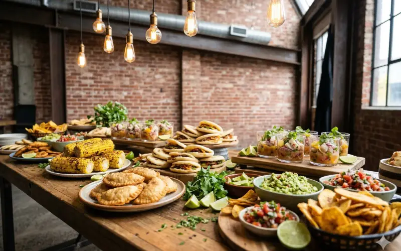 Abuela Feast buffet spread with arepas, empanadas, grilled corn, ceviche cups and guacamole at a Melbourne event