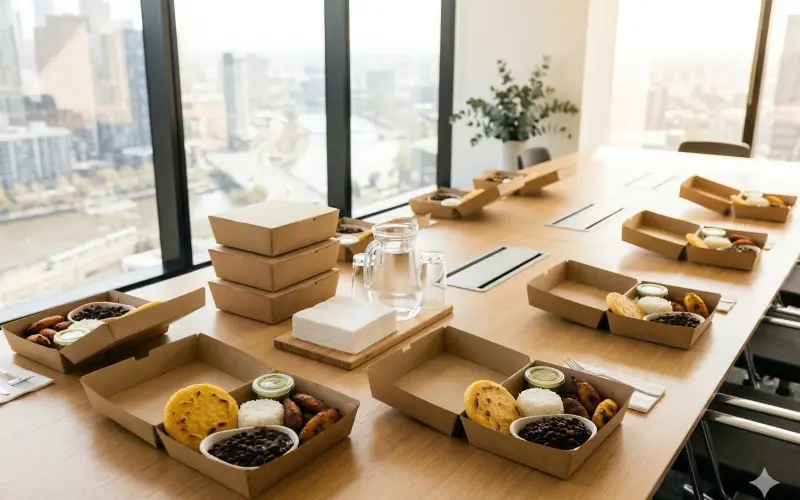 Latin Lunchbox individual catering boxes with arepas, rice, black beans and plantains on a Melbourne office boardroom table