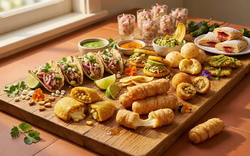Latin American finger food platter with tequeños, mini empanadas, tacos and dipping sauces for party catering