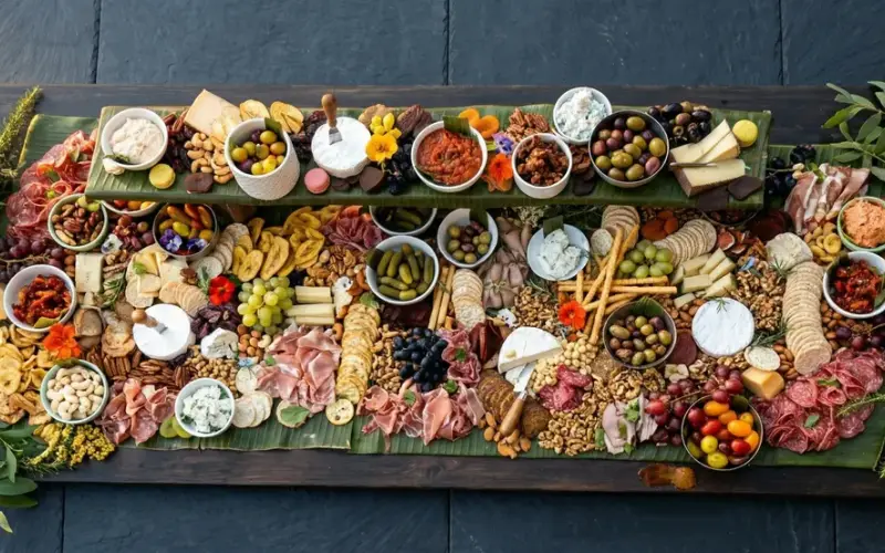 Latin grazing cheese platter with queso fresco, cured meats, olives, fruit and plantain chips for Melbourne events
